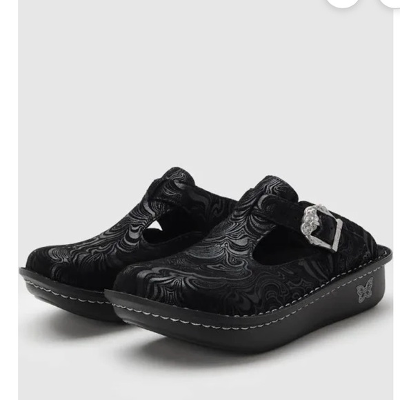 Alegria Black “Hello Doily” Patterned Leather Slip-Resistant Footwear Sz 42 Clog - Picture 14 of 15